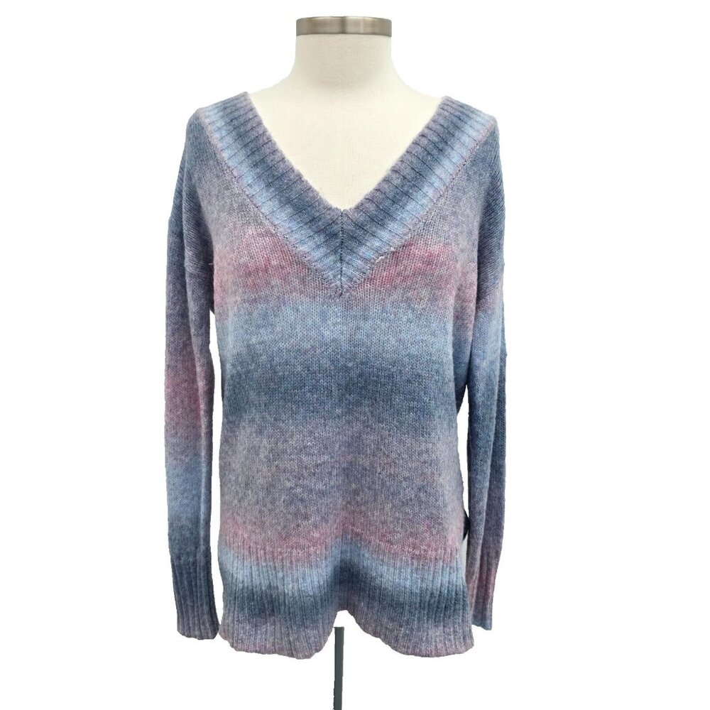 a.n.a V-Neck Sweater Womens M Blue Pink Cotton Candy Ombre Striped Knit Pullover
